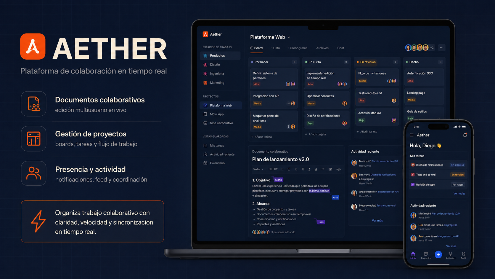 Vista promocional de Aether con su plataforma colaborativa en tiempo real