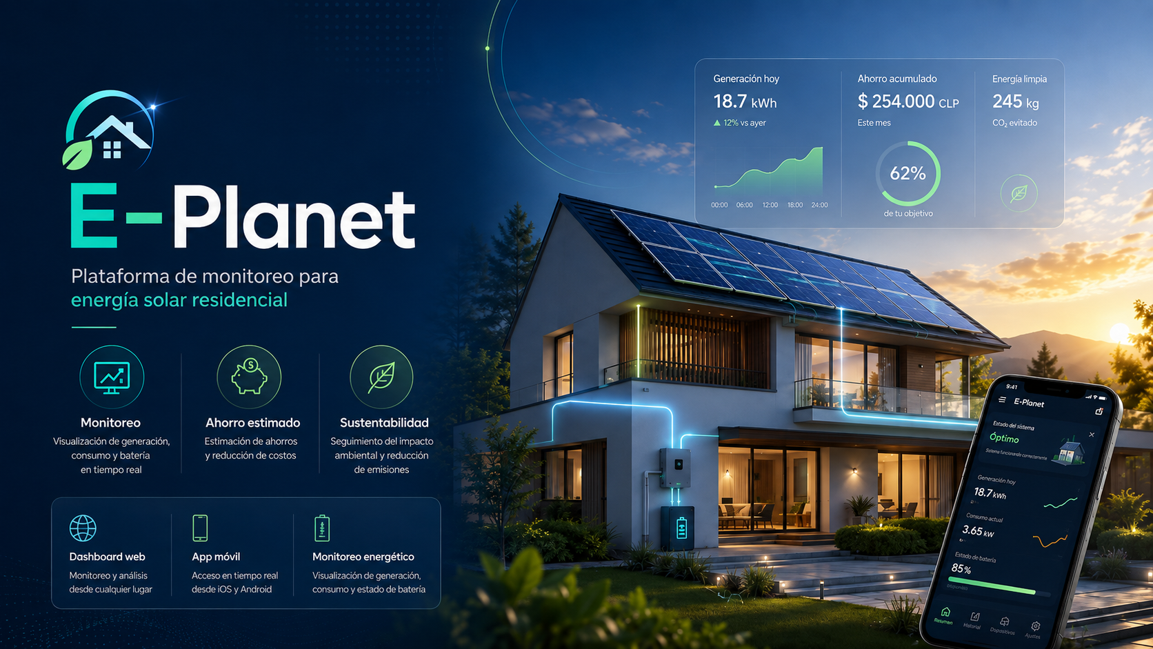 Vista promocional de E-Planet con una vivienda equipada con paneles solares